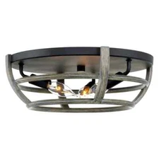 Kira Home Hartley 60-Watt 3-Light Black Farmhouse Flush Mount w/ Gray Oak Shade