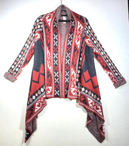 I Jeans By Buffalo Women’s Open Front Cardigan Sweater M Red White Aztec Western