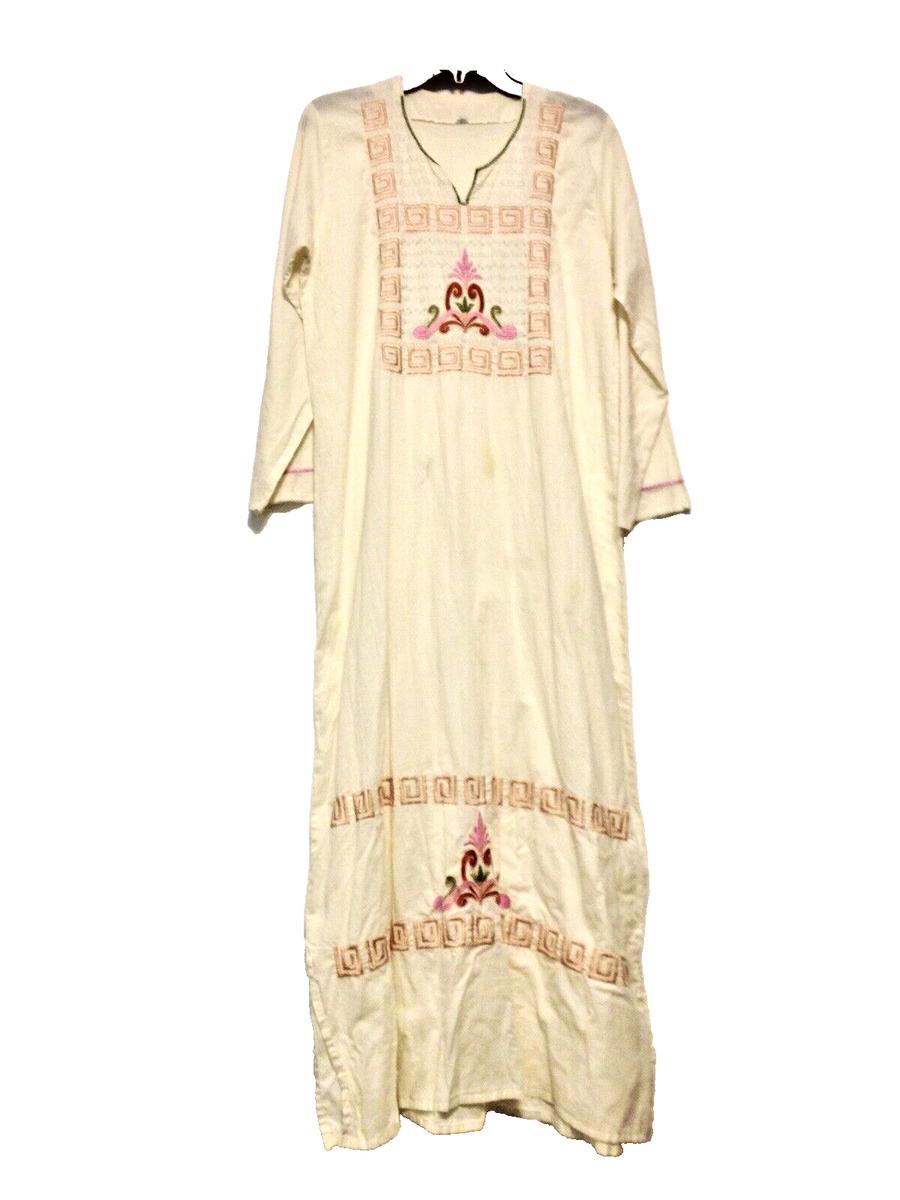 Ladies 100% Cotton Embroidered Maxi Lounging/Sleep Dress Size L Cream Color  | eBay