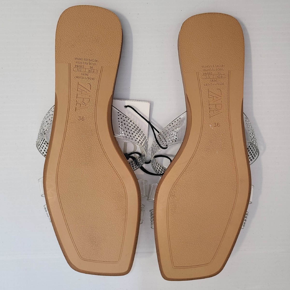 ZARA FLAT VINYL SLIDER SANDALS WITH RHINESTONES CLEAR SIZE 6