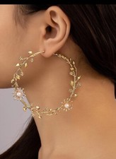 Big Gold Hoops Earrings Flower Vintage Style Chunky Statement Large