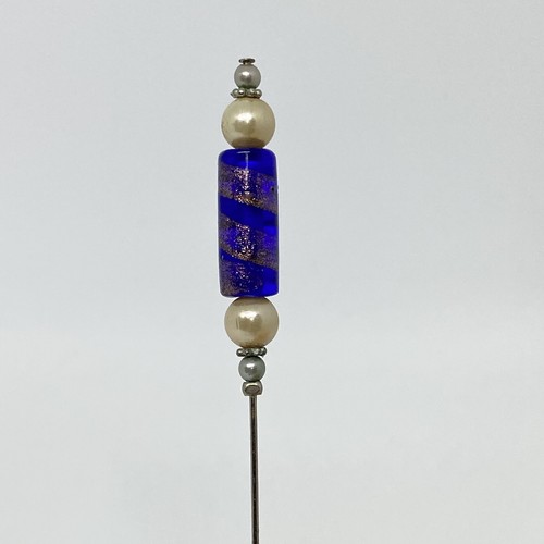 Vintage Blue Copper Swirl Art Glass Faux Pearls Stick Hat Pin 4” Retro Fashion - Picture 5 of 10