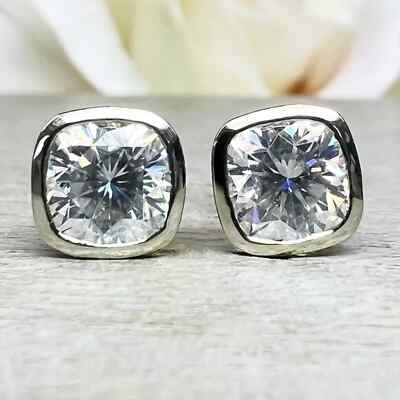 3 TCW CUSHION CUT White MOISSANITE BEZEL EARRING IN SOLID 14K WHITE GOLD PLATED