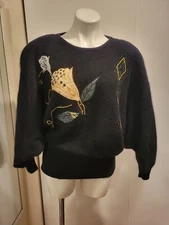 Vtg 80's ANNA Black w/Embroid Beaded Batwing Sweater Angora Lambswool Top szM