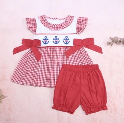 NEW Boutique Anchor Nautical Girls Red Gingham Tunic Shorts Outfit 4th of July - Image 1 of 4
