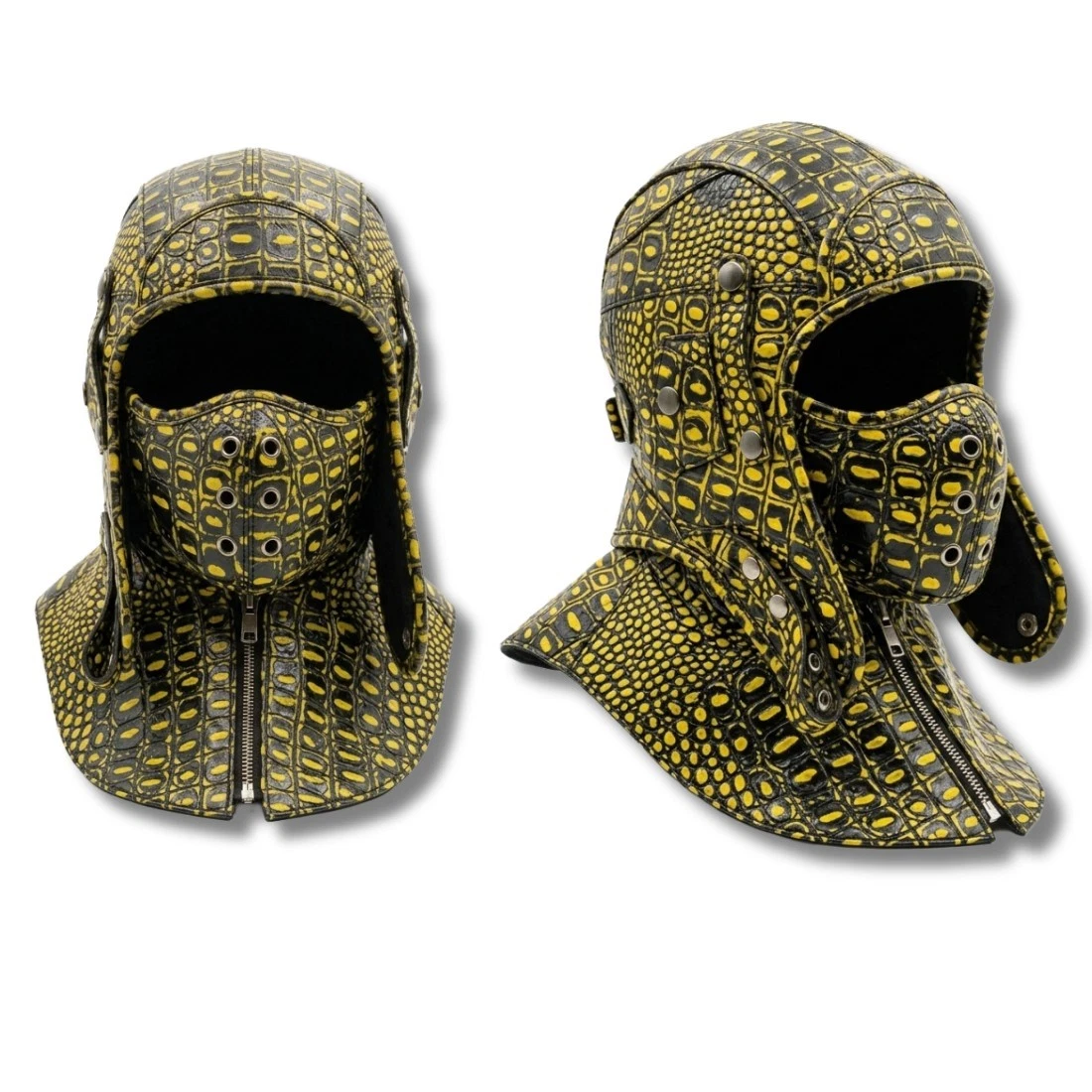 Crocodile Embossed Leather Aviator Hood Mask - Yellow Biker Pilot Hood Balaclava