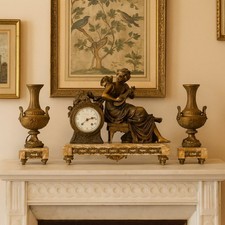 Trittico da Camino Antico Marmo Antimonio Dorato Francia XIX Secolo Originale