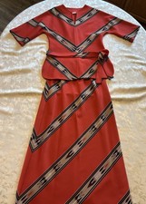 Vtg 70s Set Skirt  Top Long Sleeve 2 Piece Matching W/Belt Orange Aztec Size 8