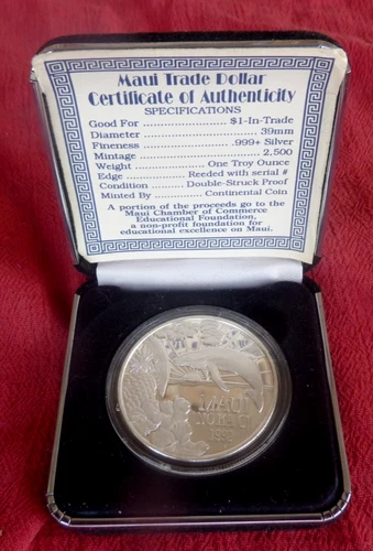 1992 Maui Trade Dollar 1 oz .999 Fine Silver Round in Capsule w/Certification-NR
