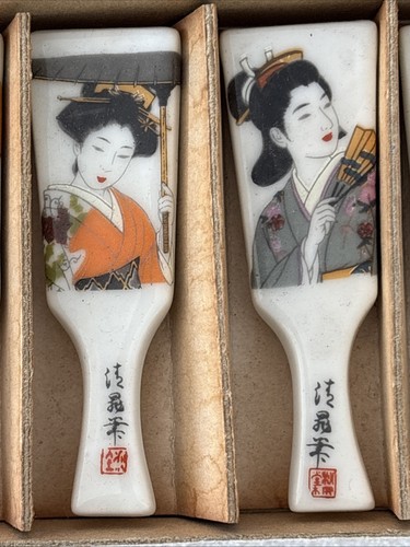 (6) VTG Chop Stick Rest Holders Geisha Faces Girls Porcelain Original Box Japan - Picture 3 of 10