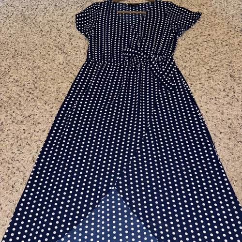 AGB Dark Blue Looks Dot Asymmetrical Hi-low Dress Bow Short Sleeve A-line 