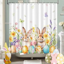 MEHOFOND Easter Bunny Shower Curtain Colourful Spring Flower Shower Curtain f...