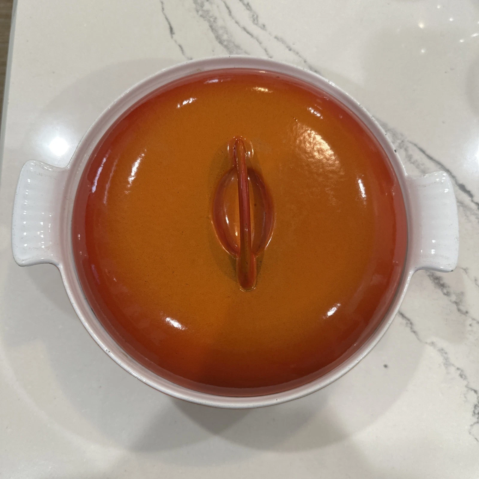 Vintage Descoware 2 Qt Cast Iron Enamel Dutch Oven & Lid Belgium in Flame Orange