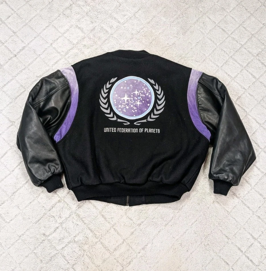 Vintage Star Trek Jacket Men XL Black Federation Of Planets Varsity Wool Leather - product detail image 8
