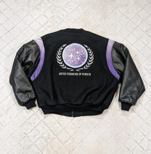 Vintage Star Trek Jacket Men XL Black Federation Of Planets Varsity Wool Leather image 8