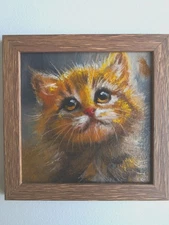 Original   Оil Painting 4х4  in a Frame with Signature Ginger Cat Kitten