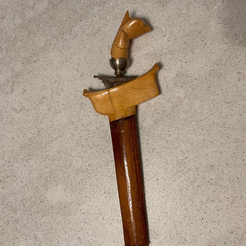 Vintage Malay Keris Dagger In Wood Sheath, Carved Hilt, Wavy Blade, 8”
