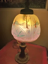 Antique Painted Glass Shade Boudoir Lamp