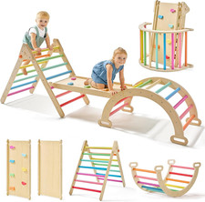 Pikler Triangle Set, Wooden Montessori Climbing Toys, 7-in-1 Foldable Rainbow