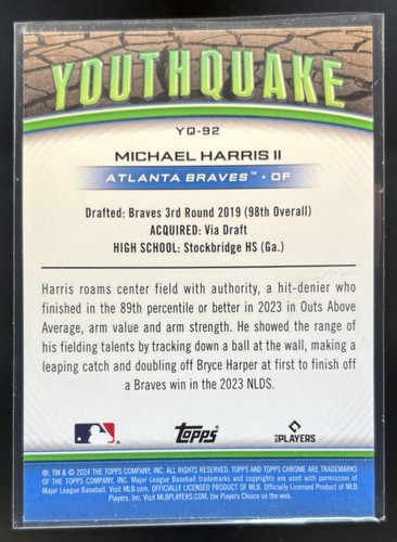 2024 Topps Chrome Update Michael Harris II Youthquake Atlanta Braves #YQ-92 - Picture 2 of 10