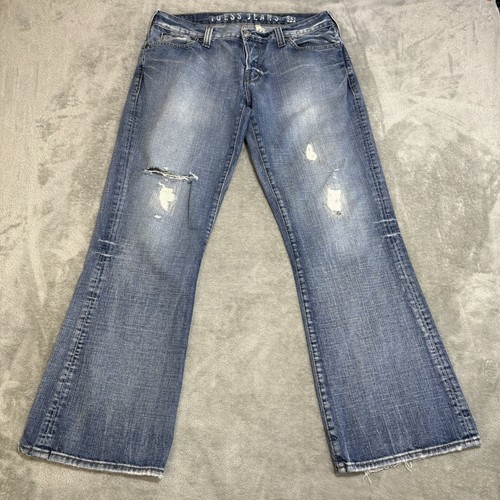 Vintage Guess Jeans Falcon Boot Cut Herren 33x30 Blau Distressed Denim Y2K Button Fly