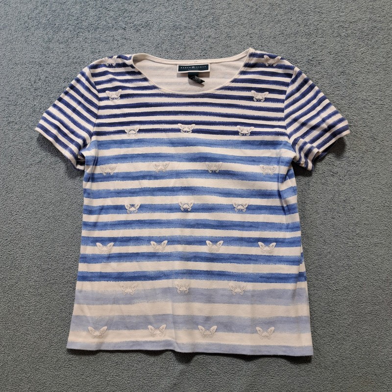 Karen Scott Blue White Striped Women's T-shirt Embroidered Butterfly Motifs PS