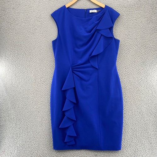 Calvin Klein Dress Womens 14 Blue Sheath Sleeveless Ruffle Detail Career Office - Picture 1 of 11