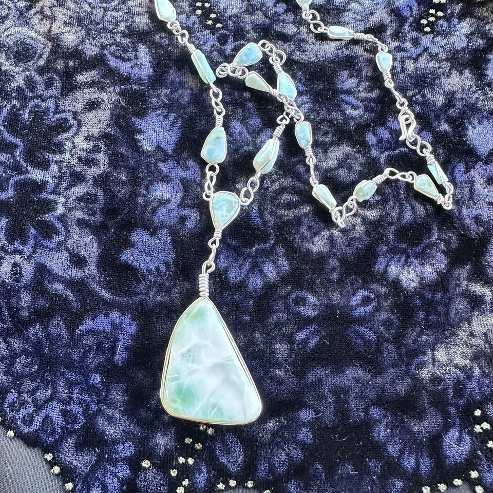 Collar Larimar Artesanal Hecho a Mano Envuelto Boho Plata República Dominicana - 13" Foto 2 de 4