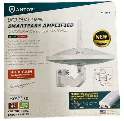 ANTOP AT-415B UFO Dual-Omni Smartpass Amplified HDTV Antenna 65mi Outdoor/Indoor