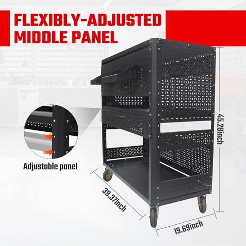 3-Tier Heavy Duty Rolling Tool Cart Steel Storage Pegboard Organizer for Garage - Picture 3 of 12