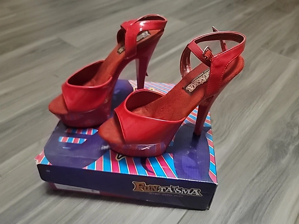 🔥 Cherry Red Patent Leather Platform Heels - Size 8 - 6" Sexy Vintage with Box - Image 3 of 4
