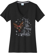 Christmas Reindeer Tis The Season Women's Shirt Ladies V-neck Bling Sparkle