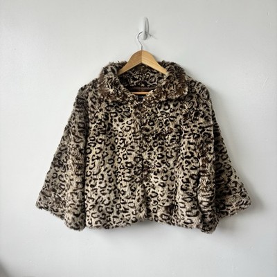 Y2K Style Atmosphere Cropped 3/4 Sleeve Faux Fur Leopard Jacket Size 12