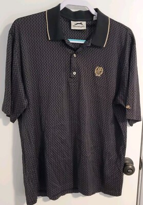 VTG Slazenger Mens XL Golf Polo Black w/Purple & Tan Geometric NHCC Embossed
