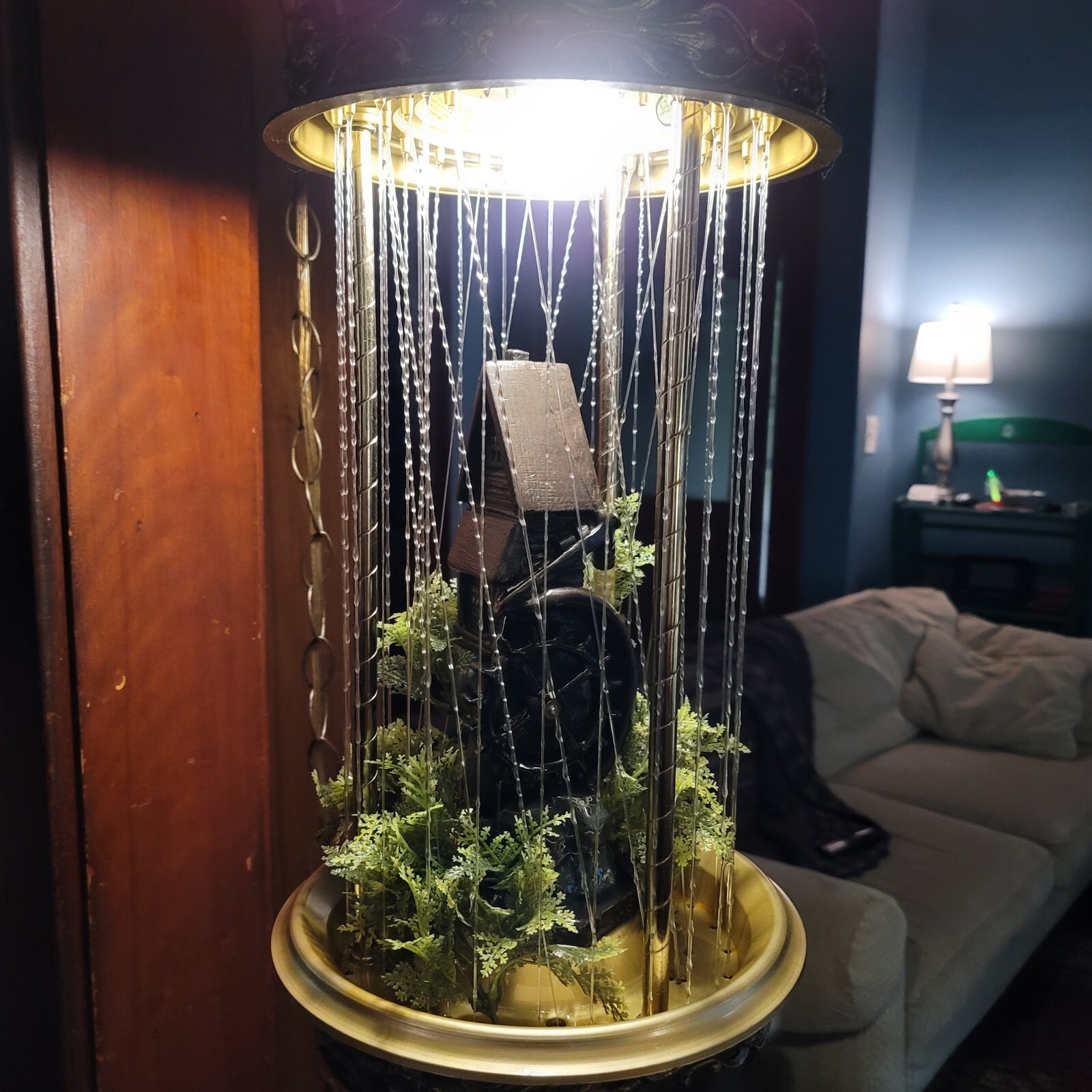 Antique Oil Lamp, Water Wheel, Vintage 70s Hanging Mineral Oil Rain