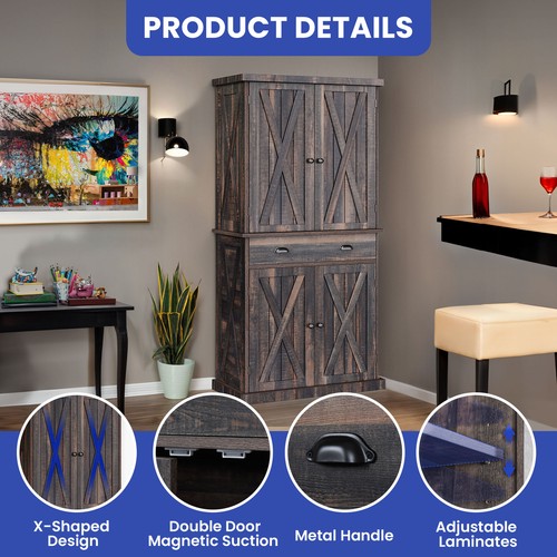 Wood Kitchen Storage Cabinets w/Drawer & Adjustable Shelve 72-in Pantry Cupboard - Picture 5 of 12