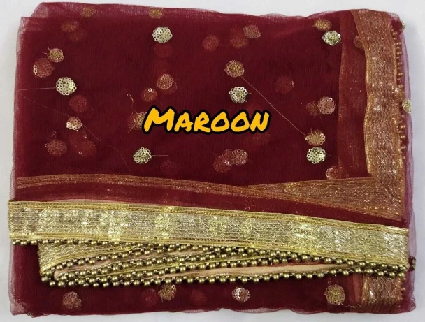 AMIIRAH NET DUPATTA WITH GOLD SEQUIN WORK/NET VEILS/SHAWL/SCARVES/ DIWALI/EID - Image 4 of 4