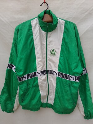 Vintage Puma Track Jacket Men's Large Green White Spell Out Tape