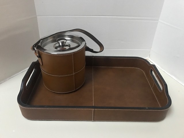 Pottery Barn Large Leather Tray Ice Bucket Set Saddle Brown New
