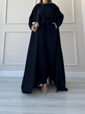 The Turkish Gem 3 piece Abaya set. Belted pant set with full length open abaya. 