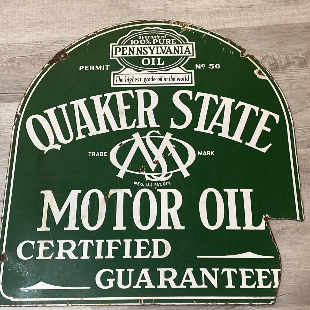 ORIGINAL QUAKER STATE MOTOR OIL TOMBSTONE PORCELAIN DEALER SIGN