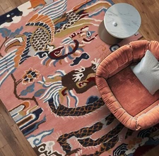 3'x5', 5'x8' Chinese Art Deco Dragon & Phoenix Hand Tufted Wool Area Rug Pink