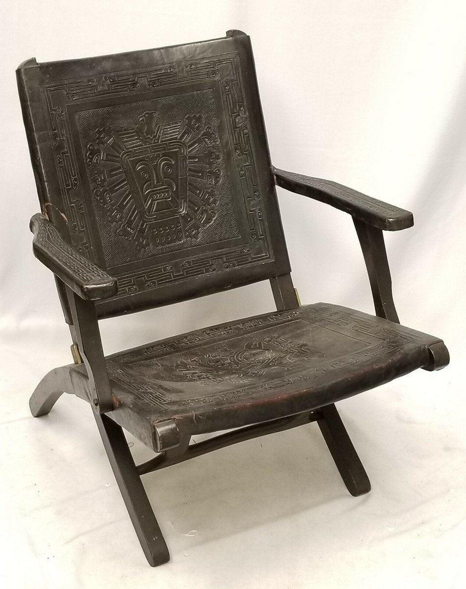 VINTAGE 60's PERU AZTEC MOTIF EMBOSSED LEATHER & WOOD FOLDING