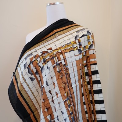 $1575 HERMES CASHMERE SHAWL 140 SCARF 55 Chale Coaching Deja Black Gold