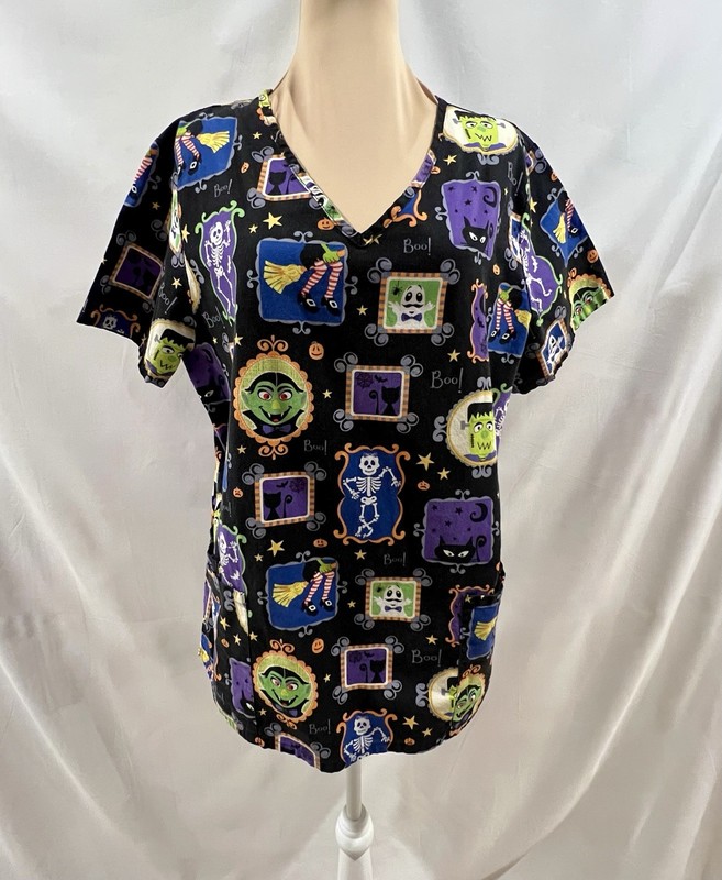 Halloween Scrub Top Frankenstein Skeleton Dracula Ghost Witch Cat L