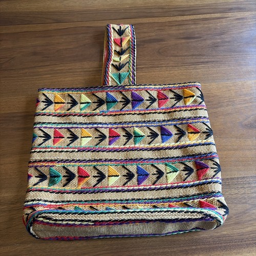 Vintage Boho 1970’s Handmade Burlap Crewel Yarn Embroidered Handbag Purse Lined*