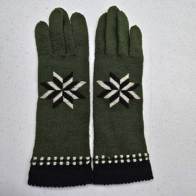 Vintage Women's Crochet Gloves Knit Green-Ivory Snowflake Small Medium