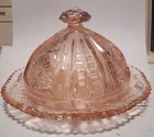 Pink Depression Glass Butter Dish Dome Lid Floral Pattern Sawtooth Edge Granny