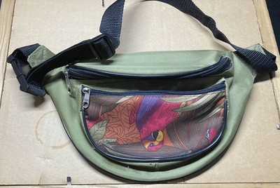 Vintage 90s Parrot Print Fanny Pack Green Nylon Tropical Festival Waist Bag