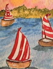 Quadro acquerello originale firmato ACEO 3 barche a vela su acqua paesaggio marino arte